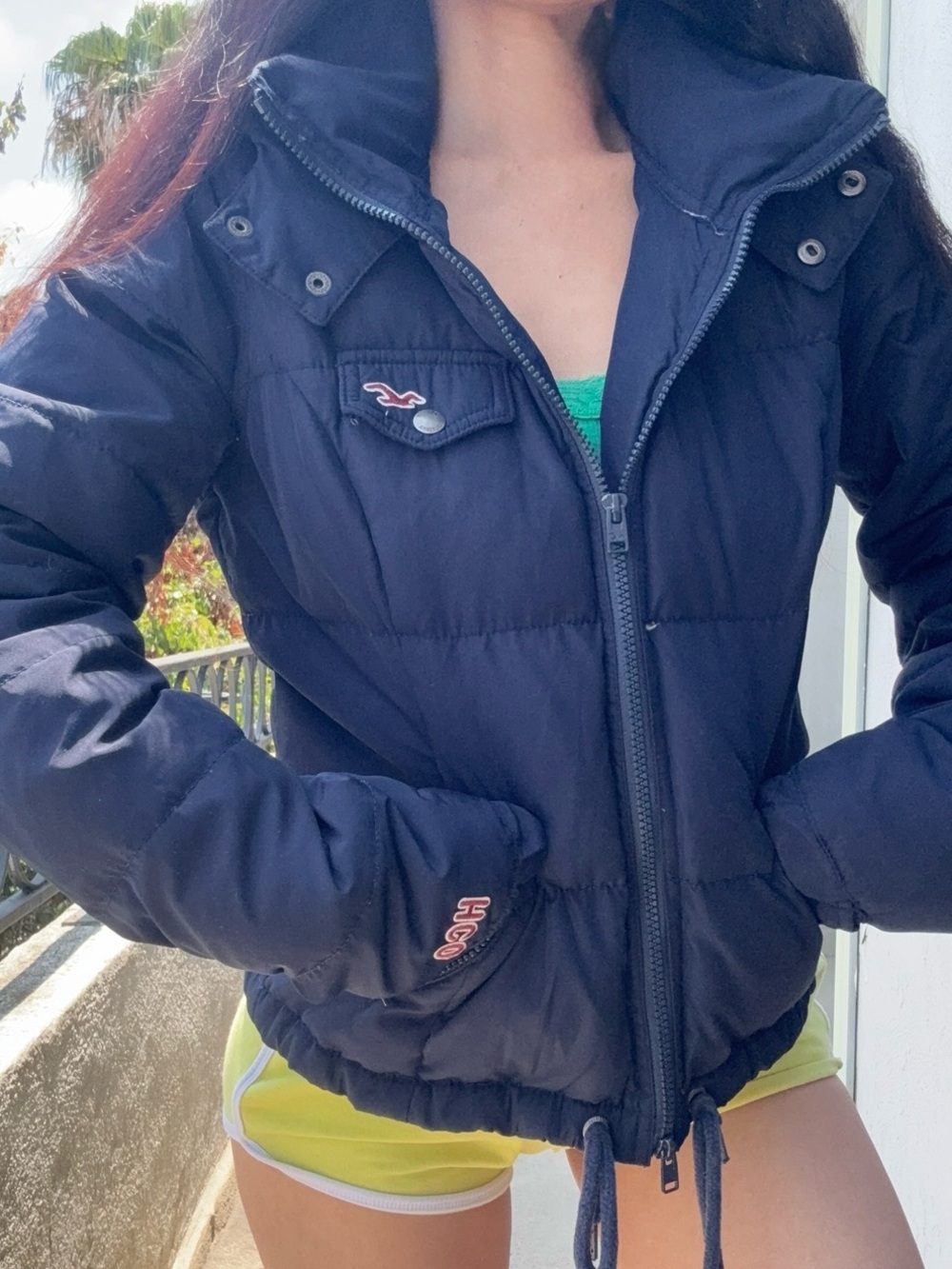 Rare Y2K Hollister Down Feather Puffer Jacket 💚 Navy Bubble Coat Neon IT Girl